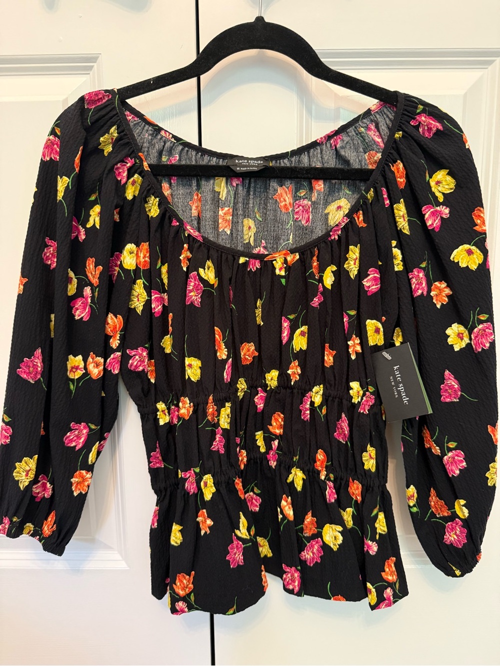 kate spade Black Floral Scoop-Neck Peasant Blouse